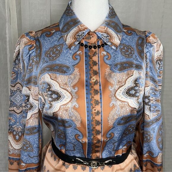 Joie XS Orange Blue Ivory Paisley Hankie Square Style Puff Long Sleeve Blouse - Picture 5 of 13